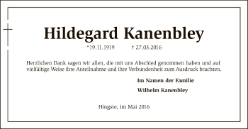 Traueranzeige von Hildegard Kanenbley von SYK