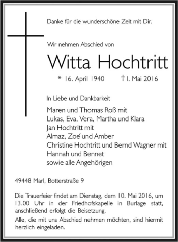 Traueranzeige von Witta Hochtritt von SYK