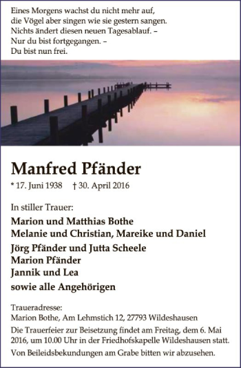 Traueranzeige von Manfred Pfänder von SYK