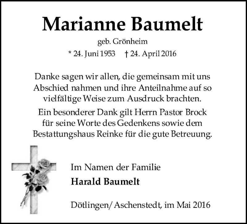  Traueranzeige für Marianne Baumelt vom 28.05.2016 aus SYK