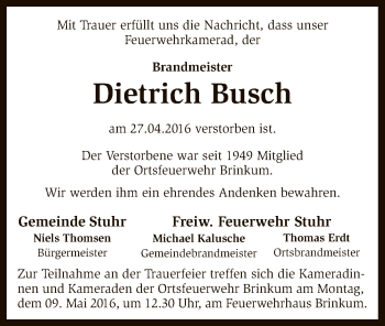 Traueranzeige von Dietrich Busch von SYK