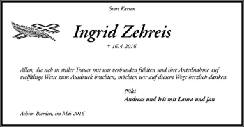 Traueranzeige von Ingrid Zehreis von SYK