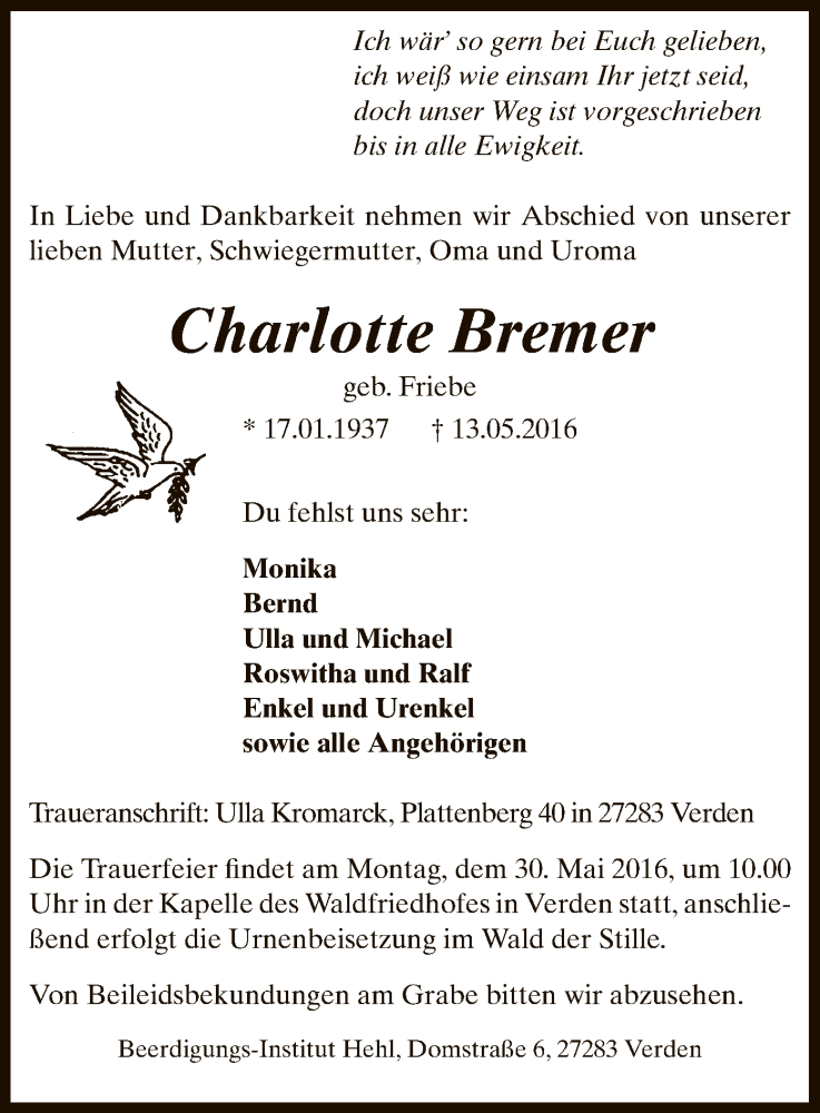  Traueranzeige für Charlotte Bremer vom 24.05.2016 aus SYK
