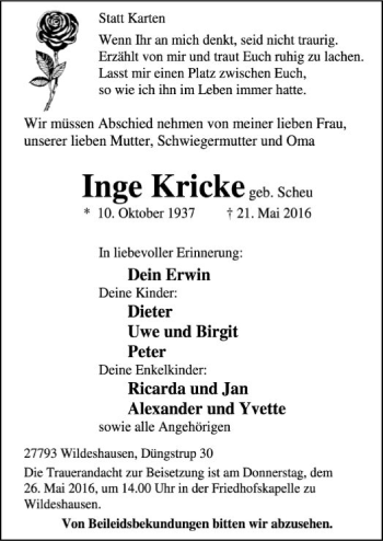 Traueranzeige von Inge Kricke von SYK