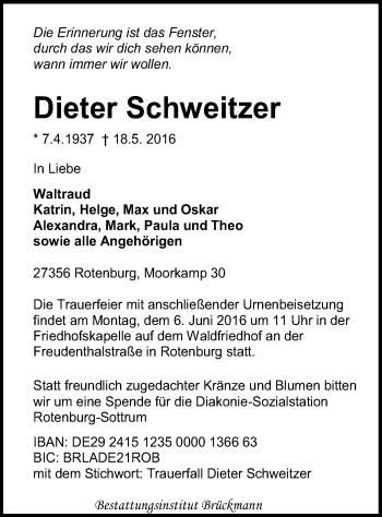 Traueranzeige von Dieter Schweitzer von SYK