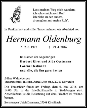 Traueranzeige von Hermann Oldenburg von SYK