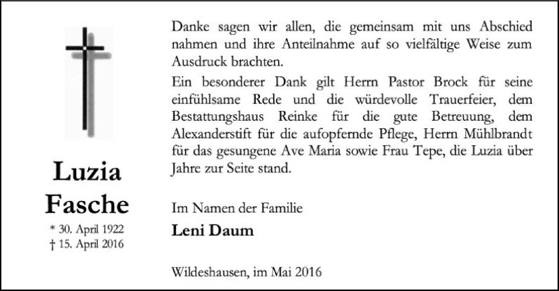  Traueranzeige für Luzia Fasche vom 28.05.2016 aus SYK