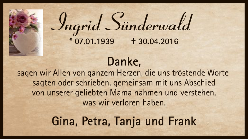  Traueranzeige für Ingrid Sünderwald vom 28.05.2016 aus SYK
