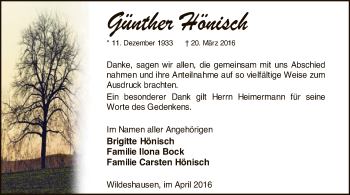 Traueranzeige von Günther Hönisch von SYK