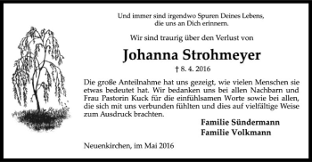 Traueranzeige von Johanna Strohmeyer von SYK