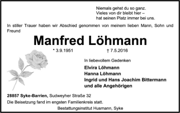 Traueranzeige von Manfred Löhmann