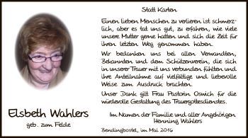 Traueranzeige von Elsbeth Wahlers von SYK