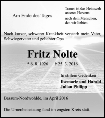 Traueranzeige von Fritz Nolte von SYK