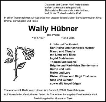 Traueranzeige von Wally Hübner