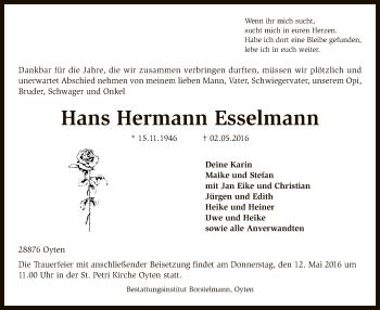 Traueranzeige von Hans Hermann Esselmann von SYK