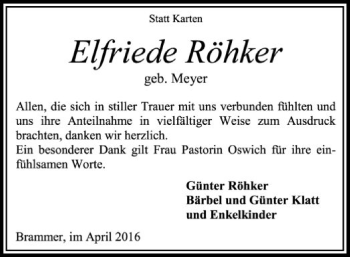 Traueranzeige von Elfriede Röhker von SYK