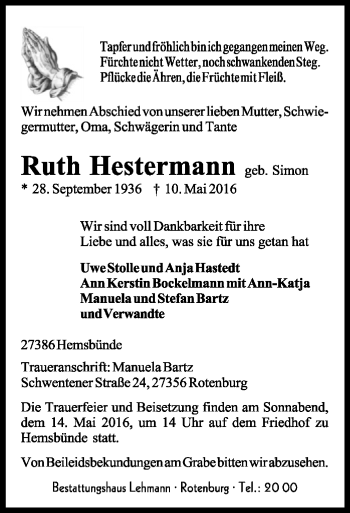 Traueranzeige von Ruth Hestermann von SYK