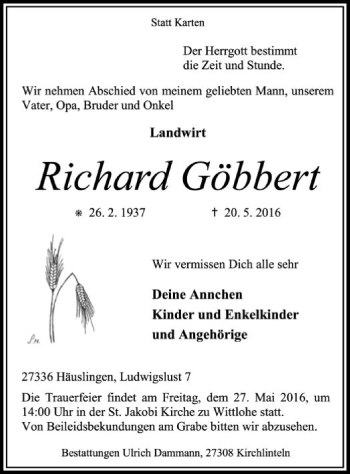 Traueranzeige von Richard Göbbert von SYK