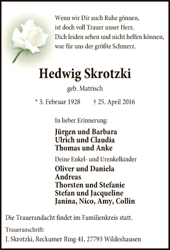 Traueranzeige von Hedwig Skrotzki von SYK