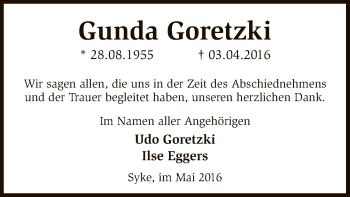 Traueranzeige von Gunda  Goretzki