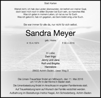 Traueranzeige von Sandra Meyer von SYK