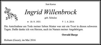 Traueranzeige von Ingrid Willenbrock von SYK