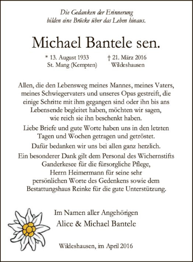  Traueranzeige für Michael Bantele vom 02.05.2016 aus SYK