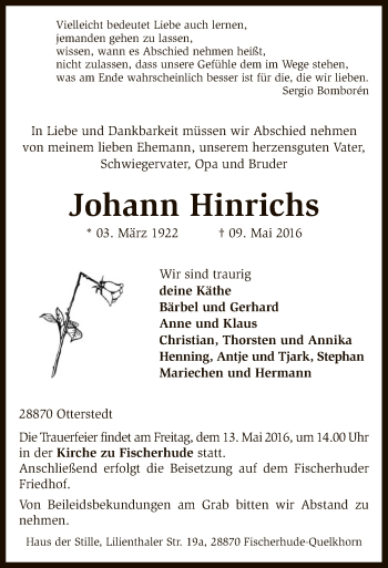 Traueranzeige von Johann Hinrichs von SYK