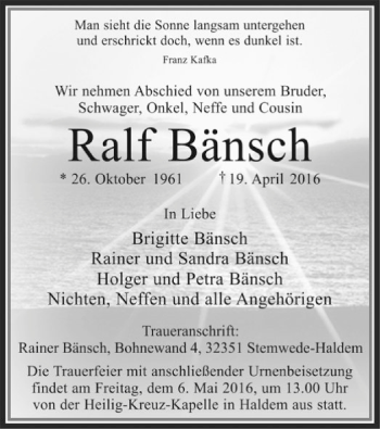 Traueranzeige von Ralf Bänsch von SYK