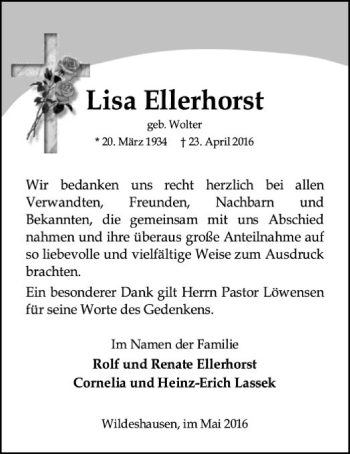 Traueranzeige von Lisa Ellerhorst von SYK