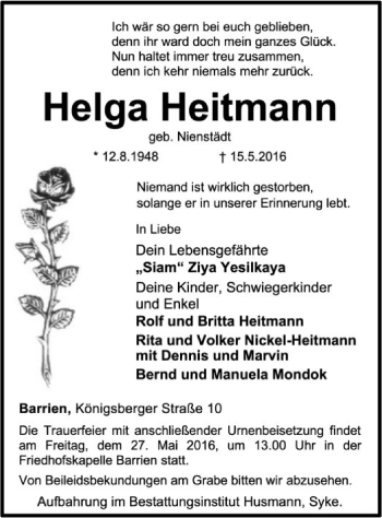 Traueranzeige von Helga Heitmann