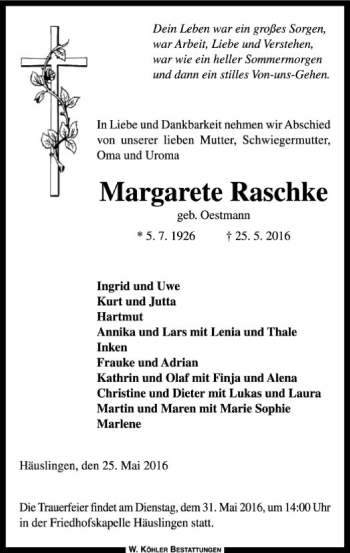 Traueranzeige von Margarete Raschke von SYK