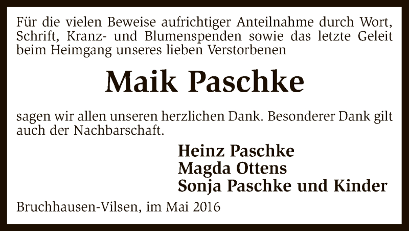  Traueranzeige für Maik Paschke vom 28.05.2016 aus SYK