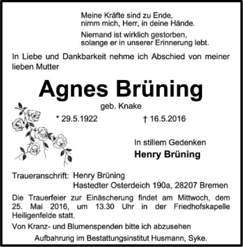 Traueranzeige von Agnes Brüning