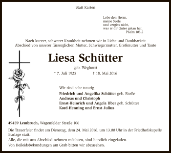 Traueranzeige von Liesa Schütter von SYK