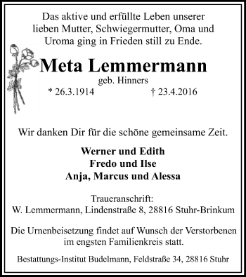 Traueranzeige von Meta Lemmermann von SYK