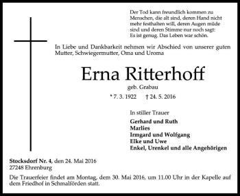 Traueranzeige von Erna Ritterhoff von SYK