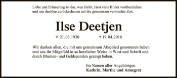 Traueranzeige von Ilse Deetjen von SYK