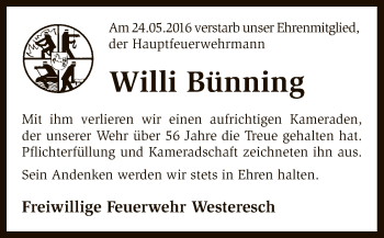 Traueranzeige von Willi Bünning von SYK