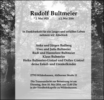 Traueranzeige von Rudolf Bultmeier von SYK