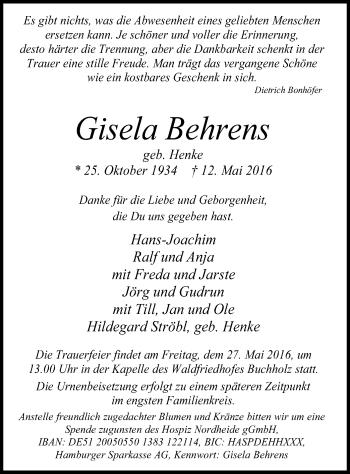 Traueranzeige von Gisela Behrens von SYK