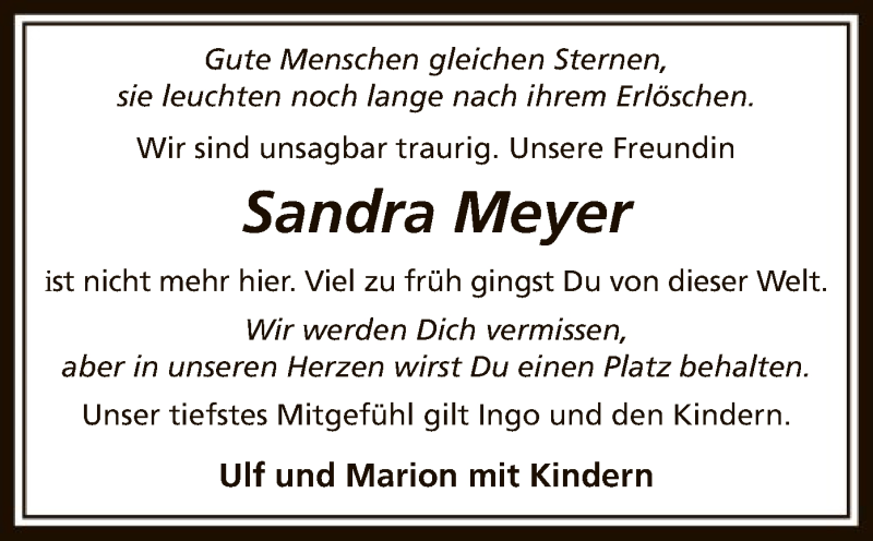  Traueranzeige für Sandra Meyer vom 06.05.2016 aus SYK