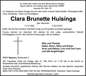 Traueranzeige von Clara Huisinga