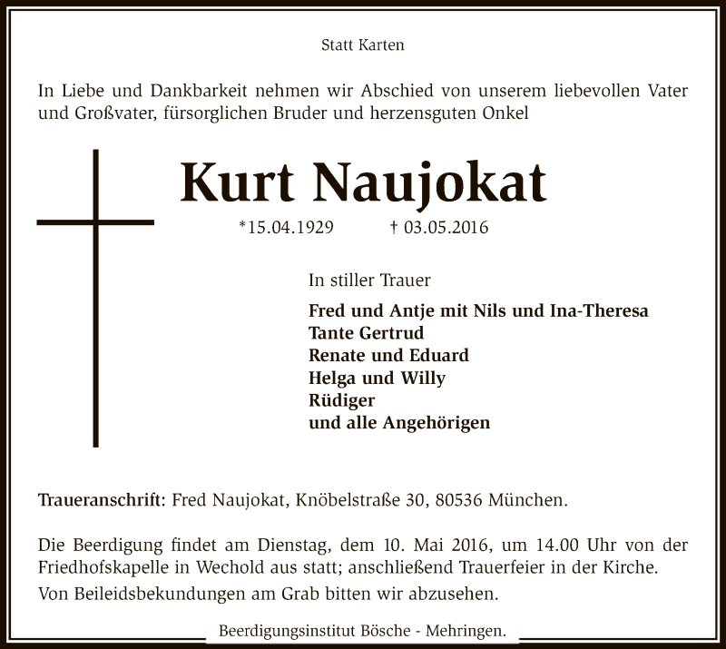  Traueranzeige für Kurt Naujokat vom 07.05.2016 aus SYK