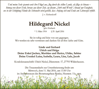 Traueranzeige von Hildegard Nickel von SYK