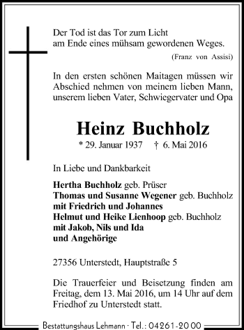 Traueranzeige von Heinz Buchholz von SYK