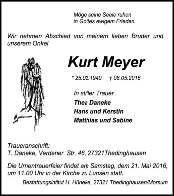 Traueranzeige von Kurt Meyer von SYK