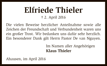 Traueranzeige von Elfriede Thieler von SYK