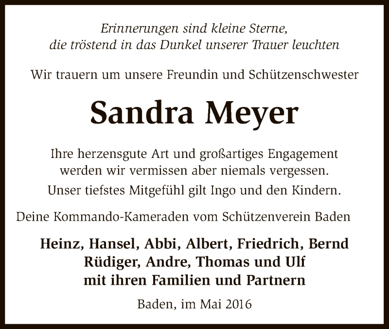  Traueranzeige für Sandra Meyer vom 06.05.2016 aus SYK