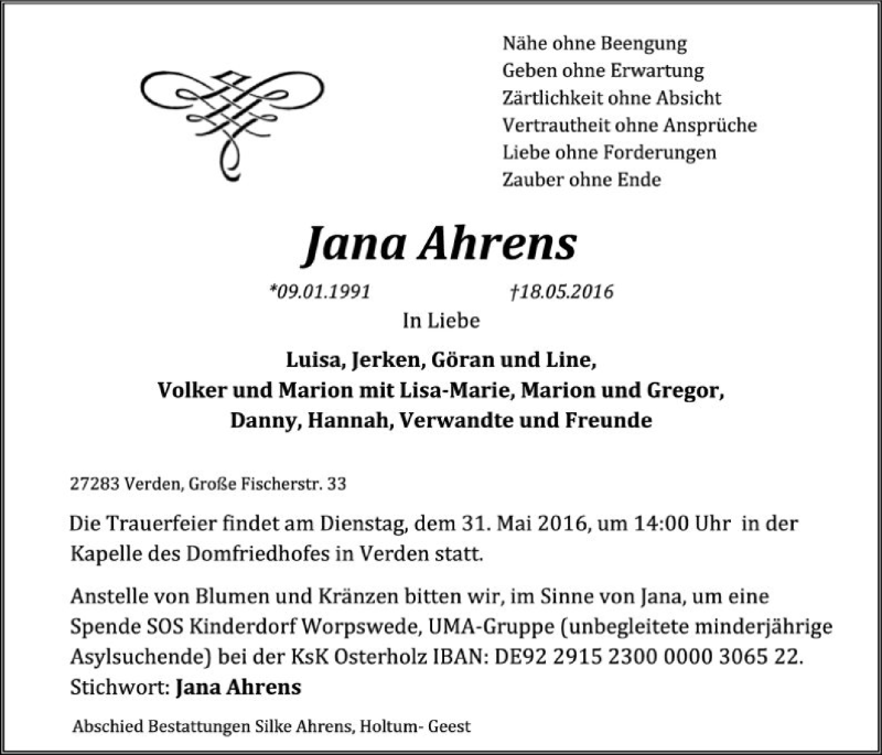  Traueranzeige für Jana Ahrens vom 28.05.2016 aus SYK
